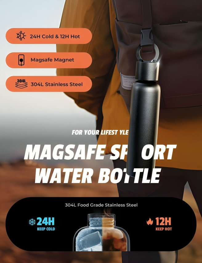 Water Bottle Magnet Sport Running Gym Magnetic Lid Water Bottle Phone Holder 24oz 750ml