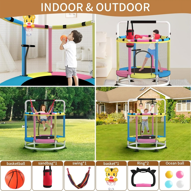Trampoline for Kids Update T-handrail Adjustable Baby Toddler Trampoline with Basketball Hoop 440lbs Anti-Rollover Round Bottom Indoor Outdoor Toddler Trampoline with Net Mesh Kids Jump