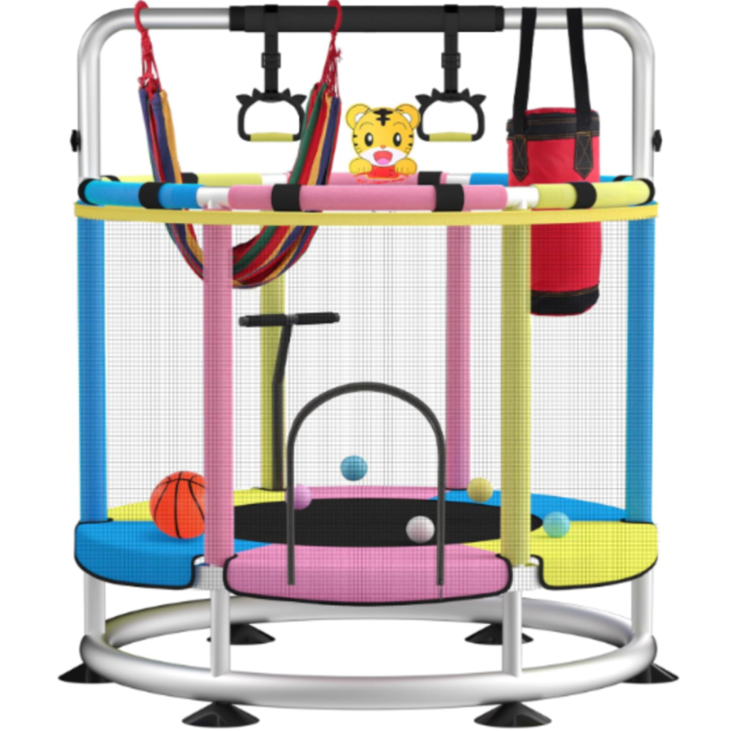 Trampoline for Kids Update T-handrail Adjustable Baby Toddler Trampoline with Basketball Hoop 440lbs Anti-Rollover Round Bottom Indoor Outdoor Toddler Trampoline with Net Mesh Kids Jump