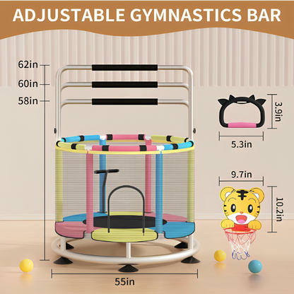 Trampoline for Kids Update T-handrail Adjustable Baby Toddler Trampoline with Basketball Hoop 440lbs Anti-Rollover Round Bottom Indoor Outdoor Toddler Trampoline with Net Mesh Kids Jump
