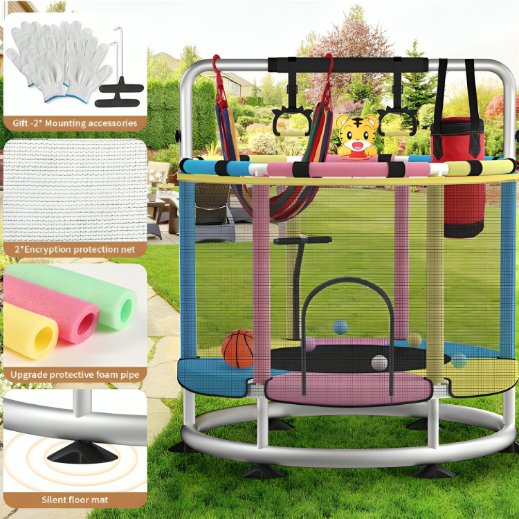 Trampoline for Kids Update T-handrail Adjustable Baby Toddler Trampoline with Basketball Hoop 440lbs Anti-Rollover Round Bottom Indoor Outdoor Toddler Trampoline with Net Mesh Kids Jump