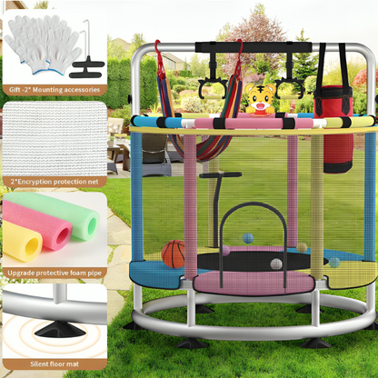 Trampoline for Kids Update T-handrail Adjustable Baby Toddler Trampoline with Basketball Hoop 440lbs Anti-Rollover Round Bottom Indoor Outdoor Toddler Trampoline with Net Mesh Kids Jump