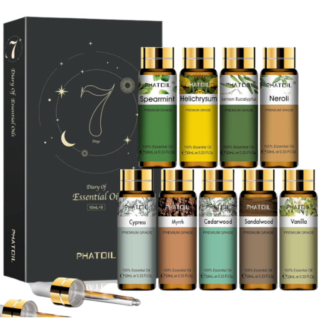 Phatoil 9pcs Gift Set 10ml 100% Organic Pure Natural Essential Oils Kit Aromatherapy Diffuser Humidifier