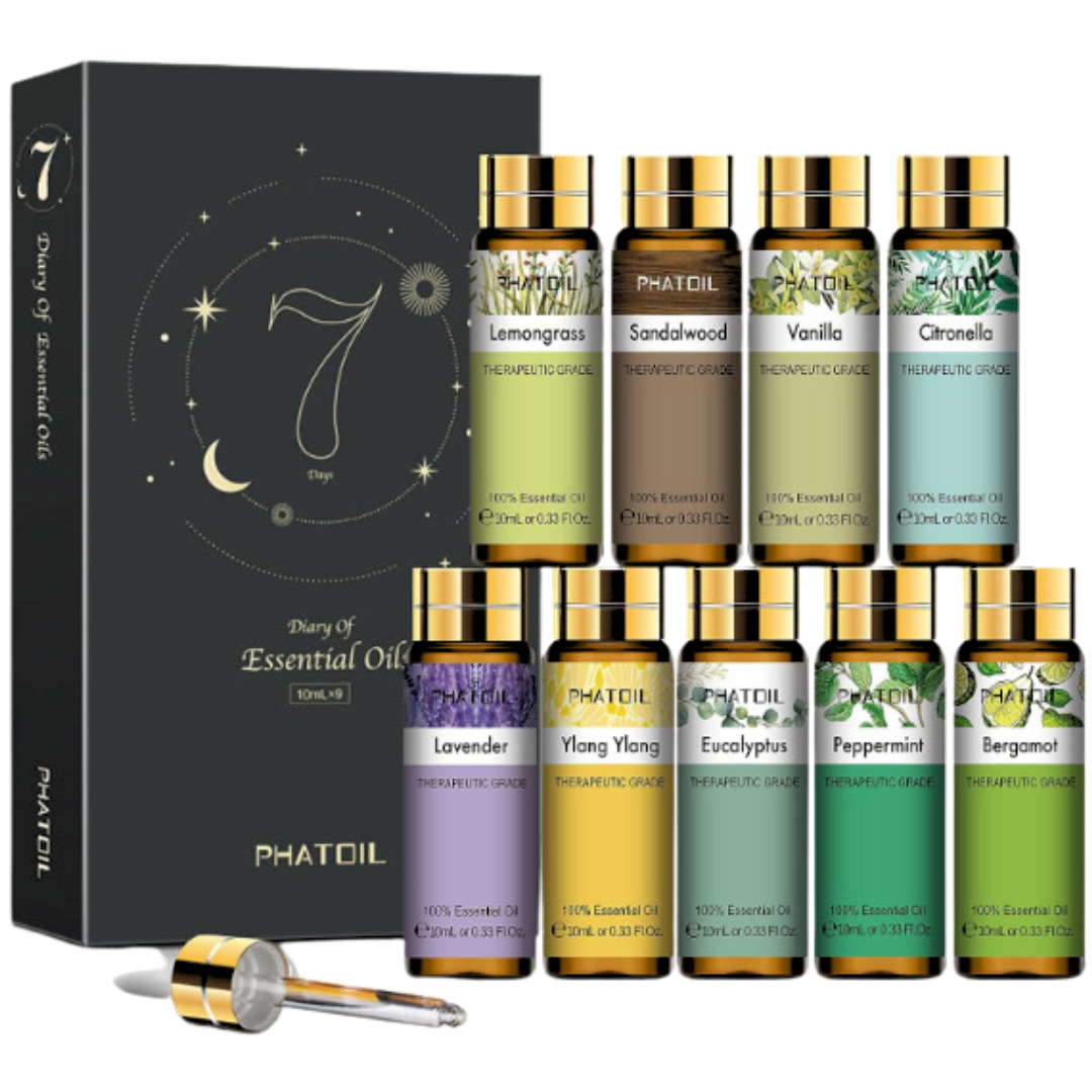 Phatoil 9pcs Gift Set 10ml 100% Organic Pure Natural Essential Oils Kit Aromatherapy Diffuser Humidifier