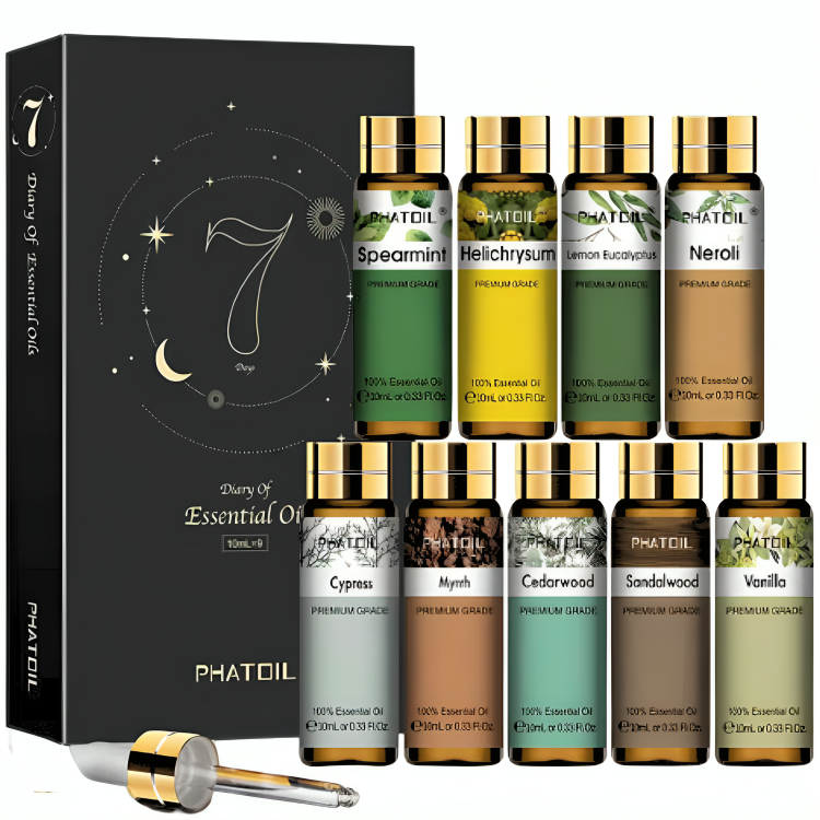 Phatoil 9pcs Gift Set 10ml 100% Organic Pure Natural Essential Oils Kit Aromatherapy Diffuser Humidifier