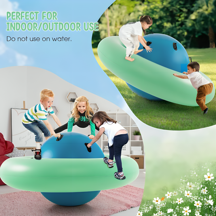 Inflatable Dome Rocker Bouncer 88'' Kids Giant Rocker Bounce Rotate Ball Teeter Totter Seesaw Climbing Bridge with 6 Handles Blow Up Giant Rocking Ball Kids Inflatable Rotating Ball