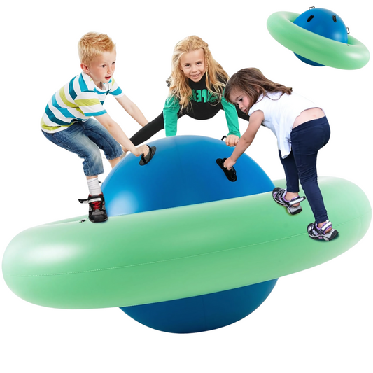 Inflatable Dome Rocker Bouncer 88'' Kids Giant Rocker Bounce Rotate Ball Teeter Totter Seesaw Climbing Bridge with 6 Handles Blow Up Giant Rocking Ball Kids Inflatable Rotating Ball